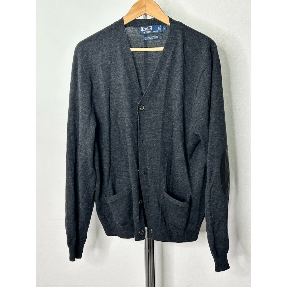 Polo Ralph Lauren Cardigan Gray Merino Wool Leather Elbow Patches L